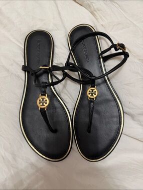 Tory Burch Black Leather Gold-Logo Thong Sandals